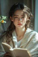 Young woman reading a book by the window during winter while snow falls gently outside photo