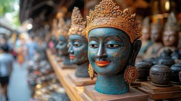 Colorful handcrafted sculptures displayed at a market in Southeast Asia photo