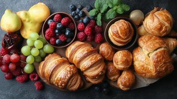 Freshly baked pastries and berries arranged on a dark surface for a delightful snack spread photo