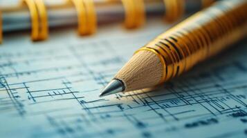 Detailed pencil writing on a blueprint in a notebook during a planning session photo