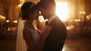 Romantic couple sharing a tender moment during an elegant wedding reception in soft lighting photo