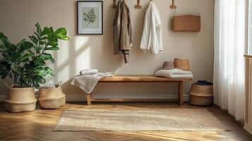 Minimalist interior design featuring wooden bench and framed art near large window photo