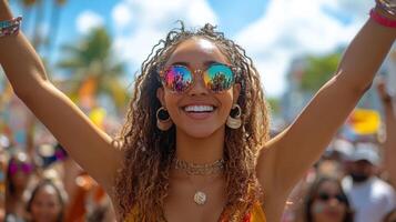 Vibrant festival parade with illuminated floats and colorful costumes in an urban setting photo