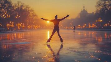 Skating on a frozen lake surrounded by mountains at sunset during winter photo