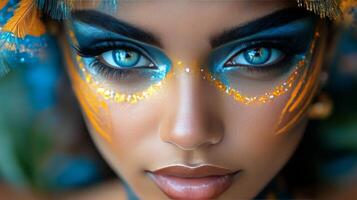 Bright blue eye with intricate makeup showcasing artistic expression and vibrant colors photo