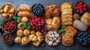 Freshly baked pastries and berries arranged on a dark surface for a delightful snack spread photo