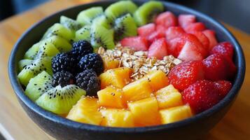 Colorful fruit bowl with berries and granola at a cafe photo