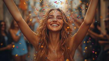 Young woman celebrating joyfully in a vibrant street festival with colorful confetti photo