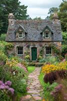 Charming cottage surrounded by vibrant flowers in a lush garden setting