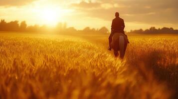 Riding into the sunset through golden fields with a horse at dusk photo