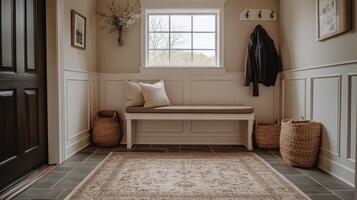 Minimalist interior design featuring wooden bench and framed art near large window photo