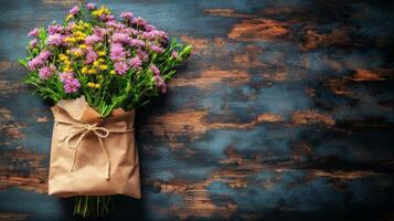 Beautiful floral arrangement displayed on a rustic table in a bright indoor setting photo