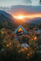 Bright orange tent by a tranquil lake in a snowy mountain landscape during early morning light photo