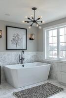 Elegant bathroom design featuring modern bathtub and stylish lighting in a serene setting photo