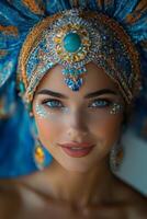 Vibrant and colorful face art with intricate headdress and stunning makeup details photo