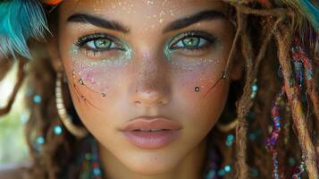 Bright blue eye with intricate makeup showcasing artistic expression and vibrant colors photo