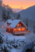 Cozy wooden cabin surrounded by snow covered trees during twilight photo
