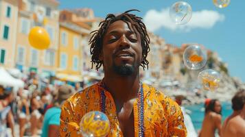 Vibrant celebration in a colorful street festival with joyful participants at midday photo