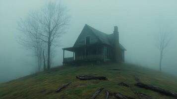 Eerie abandoned house surrounded by fog on a dark and misty evening photo