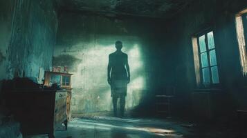 Silhouette of a person standing against a weathered wall in an abandoned building photo