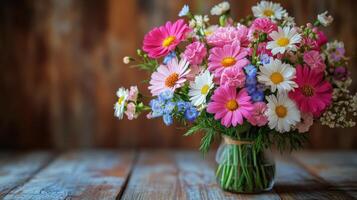Beautiful floral arrangement displayed on a rustic table in a bright indoor setting photo