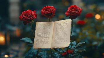 Romantic setting with red roses and a handwritten letter on a bed of green leaves photo