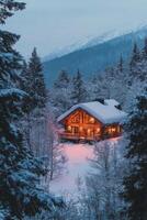Cozy wooden cabin surrounded by snow covered trees during twilight photo