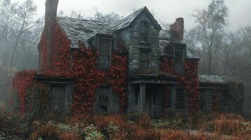 Abandoned house surrounded by fog in a dense forest during a gloomy evening photo