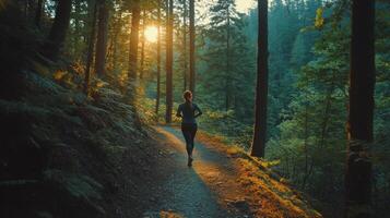 Woman jogging along a forest path surrounded by lush greenery and autumn foliage photo
