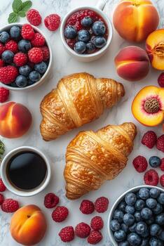 Freshly baked croissant served with berries and peach slices on a marble table photo