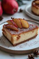 Delicious cheesecake slice topped with nuts served on a rustic plate with fork photo