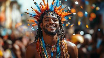 Vibrant celebration in a colorful street festival with joyful participants at midday photo