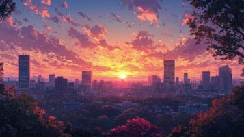 Vibrant sunset over Hong Kong harbor with silhouettes of skyscrapers and distant islands photo