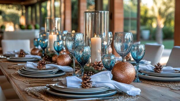 Elegant holiday dining table decorated with candles and greenery in a cozy setting photo