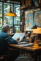Elderly artist sketches detailed maps in a cozy and warm workspace filled with artistic supplies photo