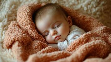 Baby peacefully sleeping in cozy colorful blanket and hat photo
