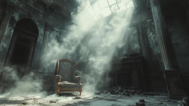 Abandoned room with vintage furniture and web near window in an old house photo