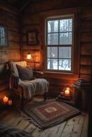 Cozy cabin corner with warm lighting and snow outside during winter evening photo