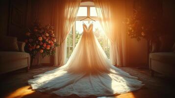 Bride in elegant wedding dress stands by window radiating soft sunlight in a beautiful setting photo