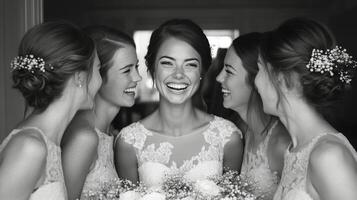 Joyful moment shared by a bride and her bridesmaids before the wedding ceremony photo
