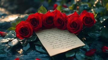 Romantic setting with red roses and a handwritten letter on a bed of green leaves photo