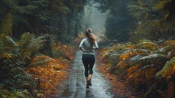 Woman jogging along a forest path surrounded by lush greenery and autumn foliage photo
