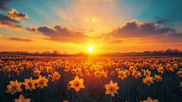 Beautiful sunset over a field of blooming daffodils with a lone tree in the foreground photo