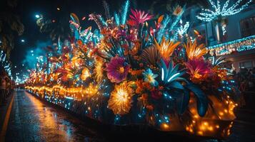 Colorful parade float adorned with vibrant flowers and lights during nighttime celebration photo