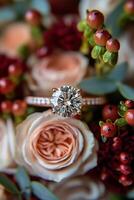 Stunning engagement ring surrounded by romantic floral arrangements in soft hues photo