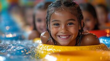 Joyful child smiling at a colorful carnival during a chilly day in autumn photo