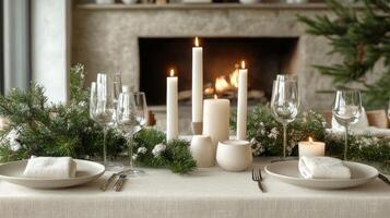Elegant holiday dining table decorated with candles and greenery in a cozy setting photo