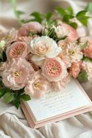 Elegant floral arrangement with soft pastels on a textured backdrop during a bright daytime setting photo