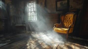 Abandoned room with vintage furniture and web near window in an old house photo
