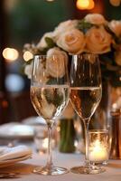 Cozy dining setting with candles and flowers at sunset in a lovely restaurant photo